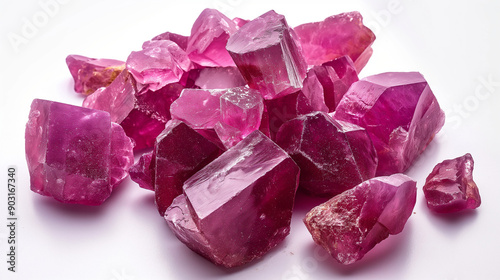 Rubies in various shades of red on white.