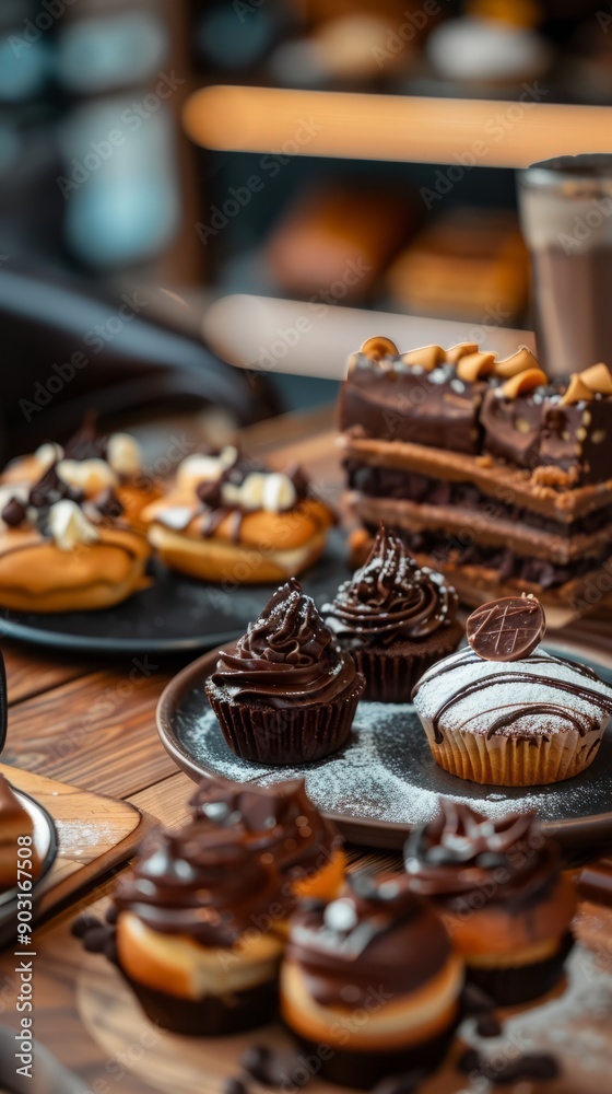 Friends share a variety of chocolate pastries at a stylish cafe on World Chocolate Day Friends share a variety of chocolate pastries at a stylish cafe on World Chocolate Day