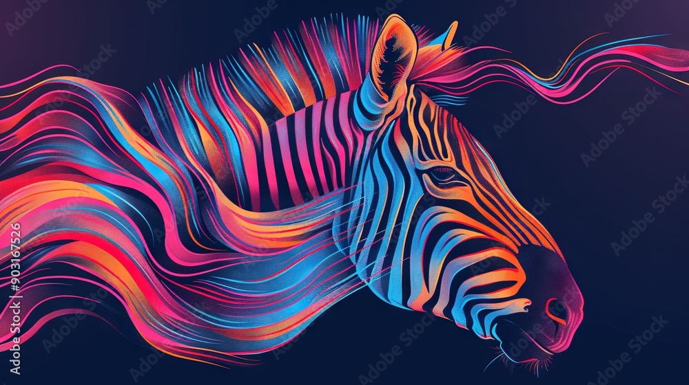 Zebra with multicolored stripes on a black background, blue sky in background Zebra with multicolored stripes on a black background, blue sky in background