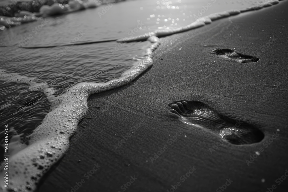 Obraz premium A black and white photo of a beach with a foamy wave