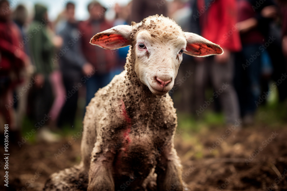 Holy lamb in serene pasture and woodland setting - innocent lamb. Holy lamb in serene pasture and woodland setting - innocent lamb.