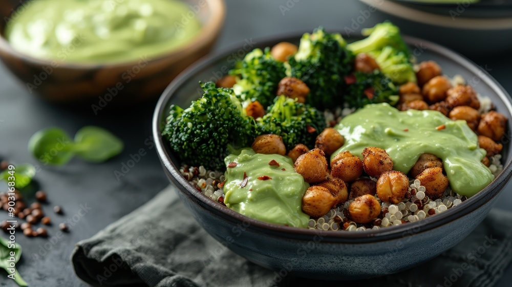 A wholesome and healthy quinoa bowl with roasted chickpeas, broccoli, and vibrant green dressing, offering a balanced and nutritious meal for a modern diet. A wholesome and healthy quinoa bowl with roasted chickpeas, broccoli, and vibrant green dressing, offering a balanced and nutritious meal for a modern diet.