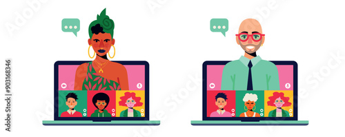 team colleagues video call, meeting zoom on an opened laptop. Vector illustration on a white background. Open laptop. one is speaking, the others are listening. icons calendar analytics around screen