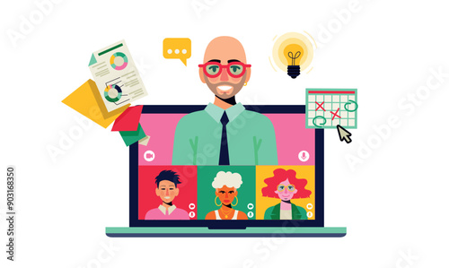 team colleagues video call, meeting zoom on an opened laptop. Vector illustration on a white background. Open laptop. A man is speaking, the others are listening. icons calendar analytics.