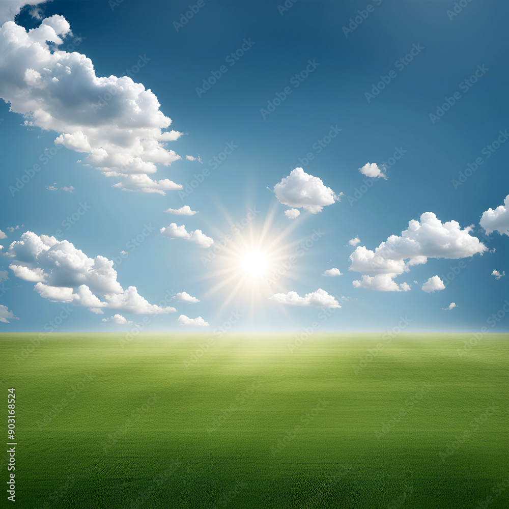 A vast green field with clouds floating in the clear sky and sunlight shining on it, grasslands A vast green field with clouds floating in the clear sky and sunlight shining on it, grasslands