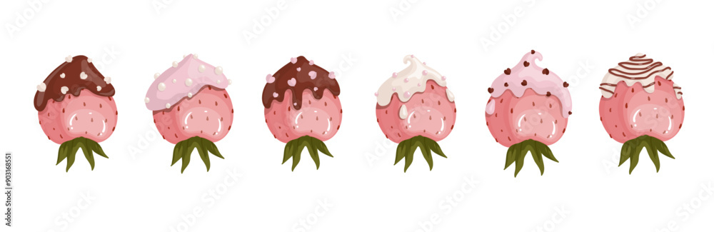 Set of sweet desserts strawberries in chocolate.Vector graphics.