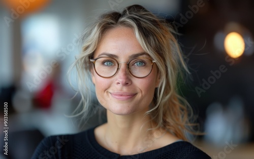 A mature businesswoman smiles confidently while wearing eyeglasses in a contemporary office setting, radiating professionalism and warmth