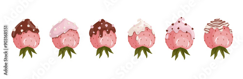 Set of sweet desserts strawberries in chocolate.Vector graphics.