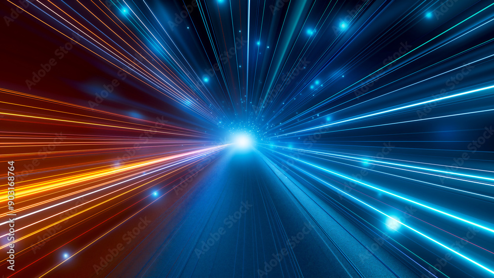 Obraz premium Light speed, light beams moving fast in space, blue and orange colors, abstract background with glow lines, motion blur effect.