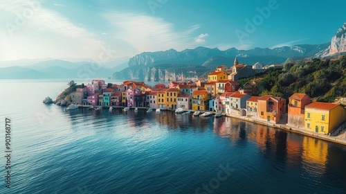 Picturesque coastal town with colorful houses and a calm sea, early morning light