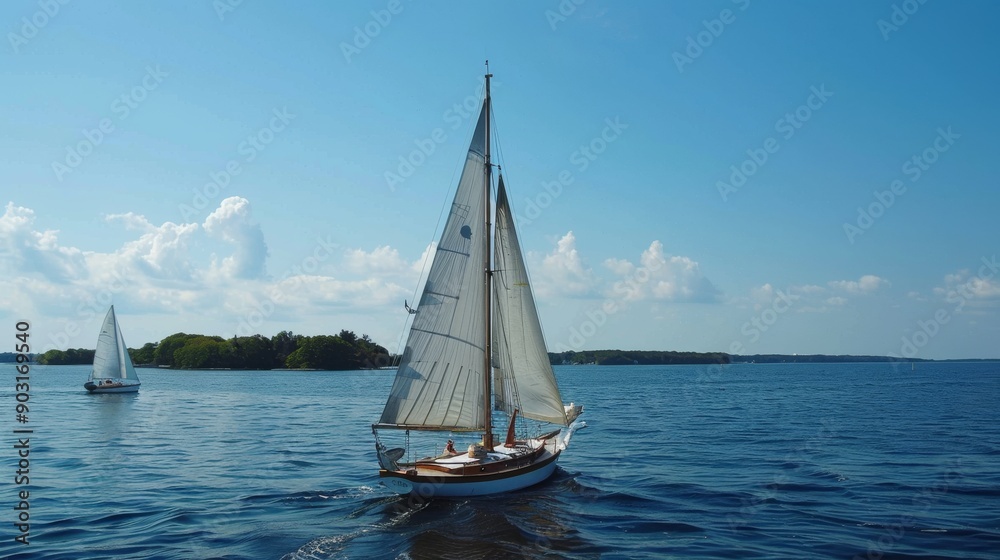 Fototapeta premium Sailor maneuvering a sailboat on open water