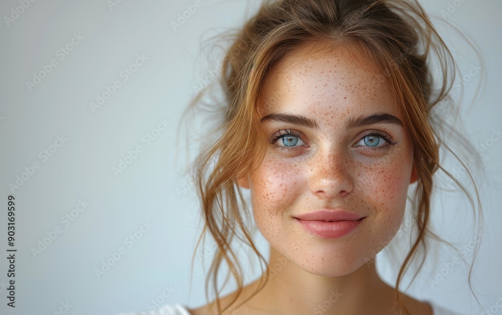 A young woman with freckles beams at the camera, showcasing her vibrant personality and bright blue eyes in a light-filled, casual environment A young woman with freckles beams at the camera, showcasing her vibrant personality and bright blue eyes in a light-filled, casual environment