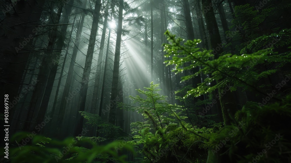 Fototapeta premium Sunlight penetrates through dense forest, illuminating lush green foliage and creating a serene, tranquil atmosphere. Rays of light add a magical touch to the natural scene.