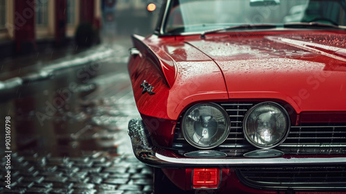 A red car is parked on a wet street