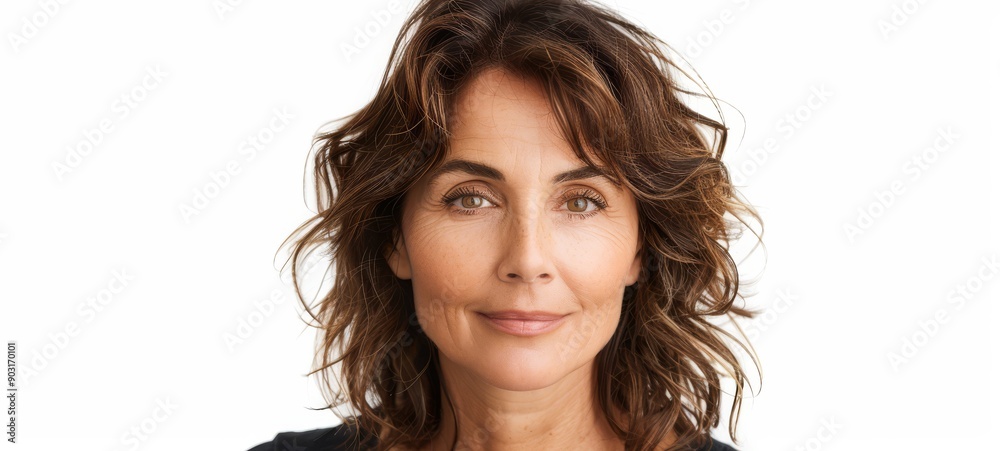 Mature woman with wavy brown hair and hazel eyes, wearing a black top, looking directly at the camera with a subtle smile. Her expression is friendly and approachable. Mature woman with wavy brown hair and hazel eyes, wearing a black top, looking directly at the camera with a subtle smile. Her expression is friendly and approachable.