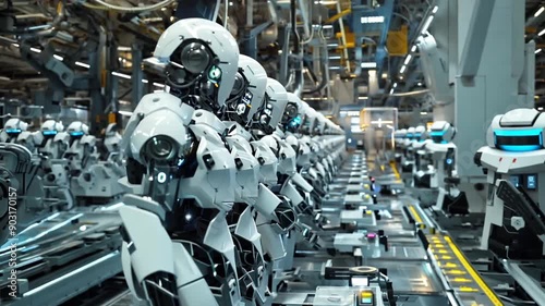 White robots in a assembly line