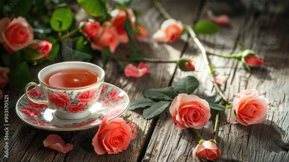 Tea cup with roses on a wood table Tea cup with roses on a wood table