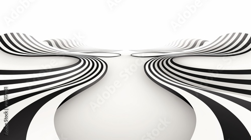 Surreal optical illusion design with dynamic black and white striped waves. 