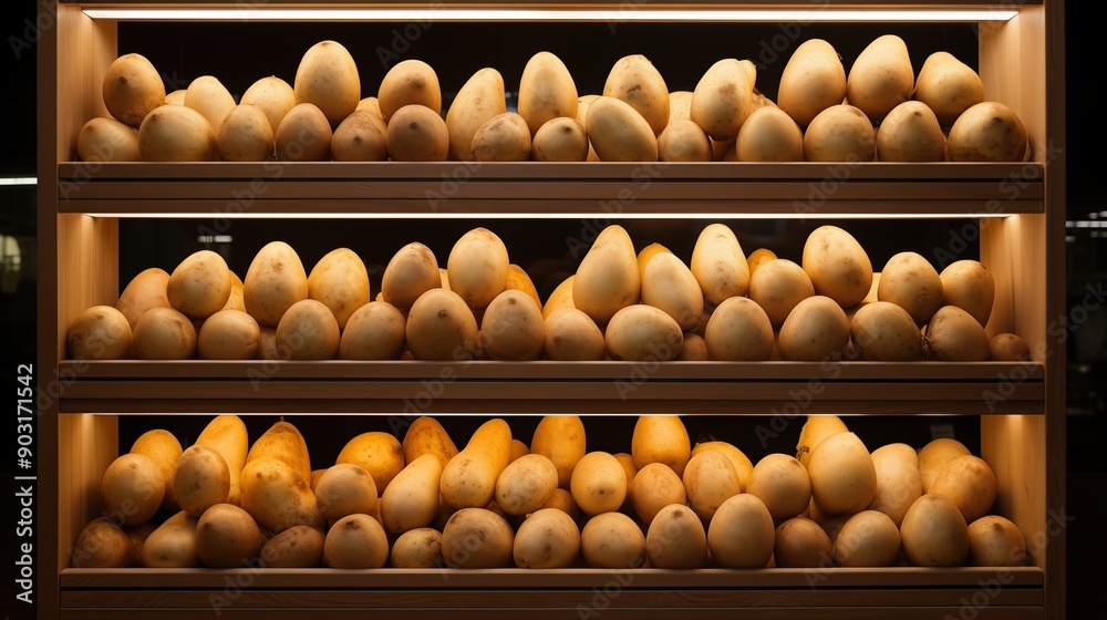 A showcase of many sapodilla arranged neatly on wooden shelves, illuminated by soft lighting, creating a warm and inviting atmosphere. A showcase of many sapodilla arranged neatly on wooden shelves, illuminated by soft lighting, creating a warm and inviting atmosphere.
