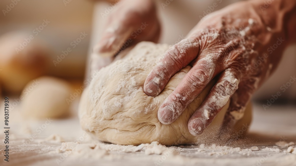 The image shows hands kneading dough on a flour-covered surface in a kitchen, representing the traditional and hands-on approach to baking homemade bread or pastries. The image shows hands kneading dough on a flour-covered surface in a kitchen, representing the traditional and hands-on approach to baking homemade bread or pastries.