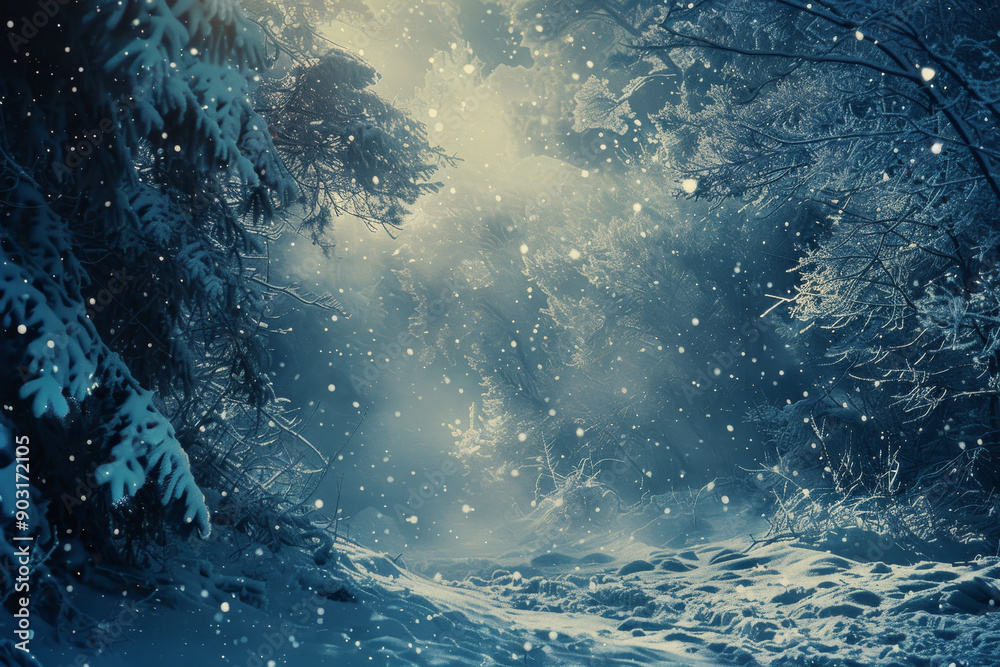 Fototapeta premium A snowy forest with trees covered in snow