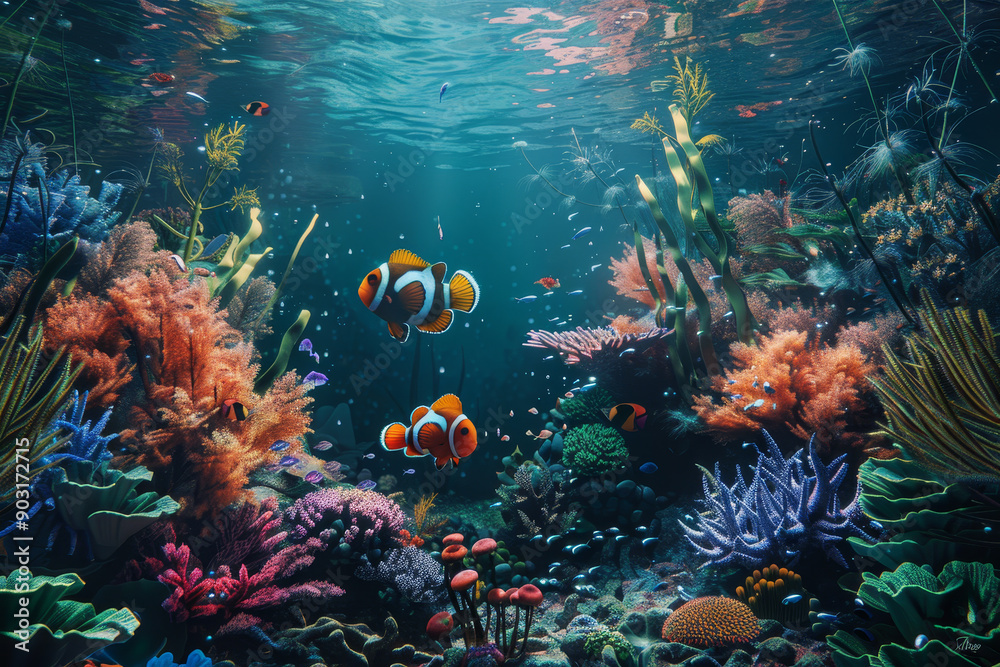 Fototapeta premium A colorful underwater scene with two fish swimming in the middle