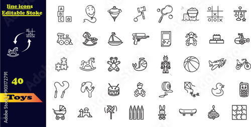 Toys icon set. Containing robot, bike, game controller, ball, puzzle, spinning drum et teddy bear rattle castle spinner icon.