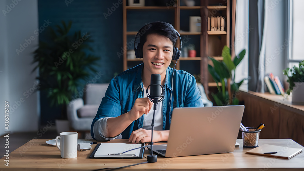 Young asian man host streaming podcast with condenser microphone work on laptop at small broadcast home studio. Young asian man host streaming podcast with condenser microphone work on laptop at small broadcast home studio.