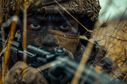 A soldier is in the middle of a field with a gun in his hand