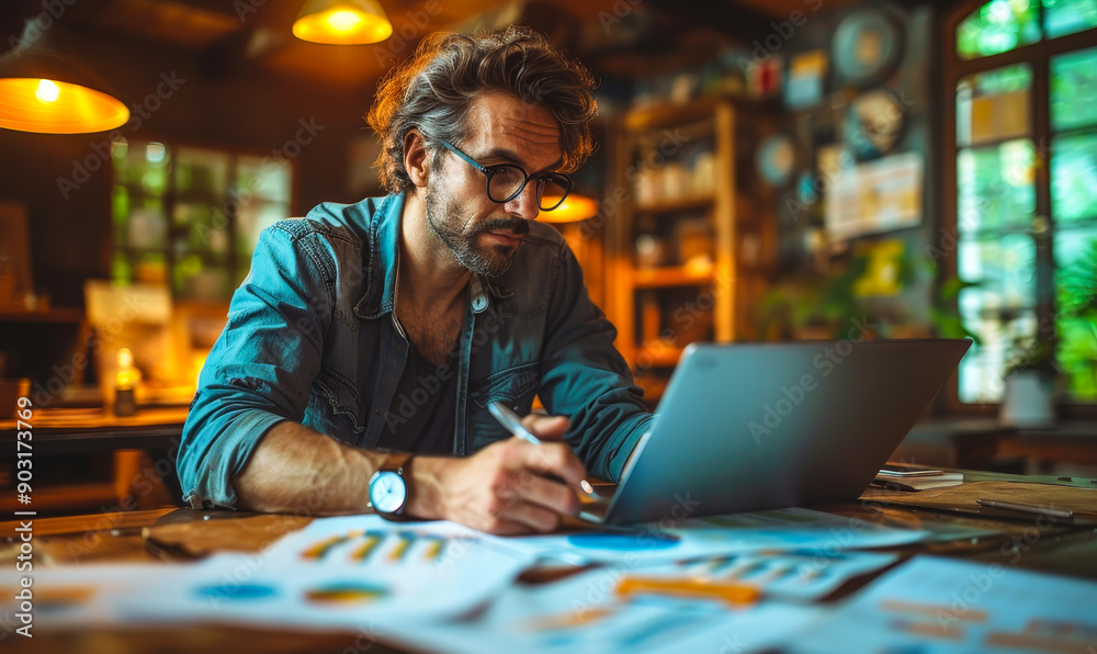 Businessman Analyzing Data on Laptop in Cozy Office with Charts and Graphs in Evening Light, Strategic Research, Productivity, and Analysis Concept Businessman Analyzing Data on Laptop in Cozy Office with Charts and Graphs in Evening Light, Strategic Research, Productivity, and Analysis Concept