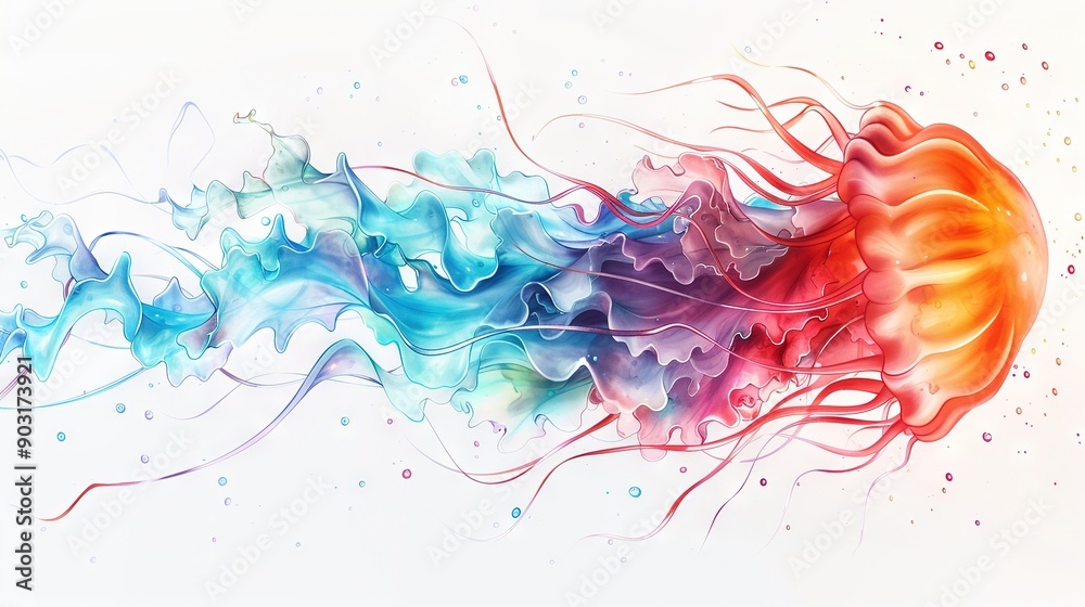 A colorful wave painting on white with bubbles at the bottom A colorful wave painting on white with bubbles at the bottom