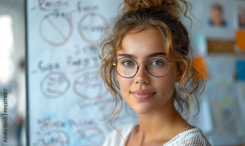 Young Professional Woman in Glasses Presenting New Project to Team During Casual Meeting with Whiteboard in Office Young Professional Woman in Glasses Presenting New Project to Team During Casual Meeting with Whiteboard in Office