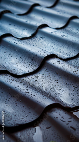 Close-up Metal Roof Tile Detail with Water Droplets in Early Morning Light Highlighting Texture and Pattern for Architectural and Construction Concepts