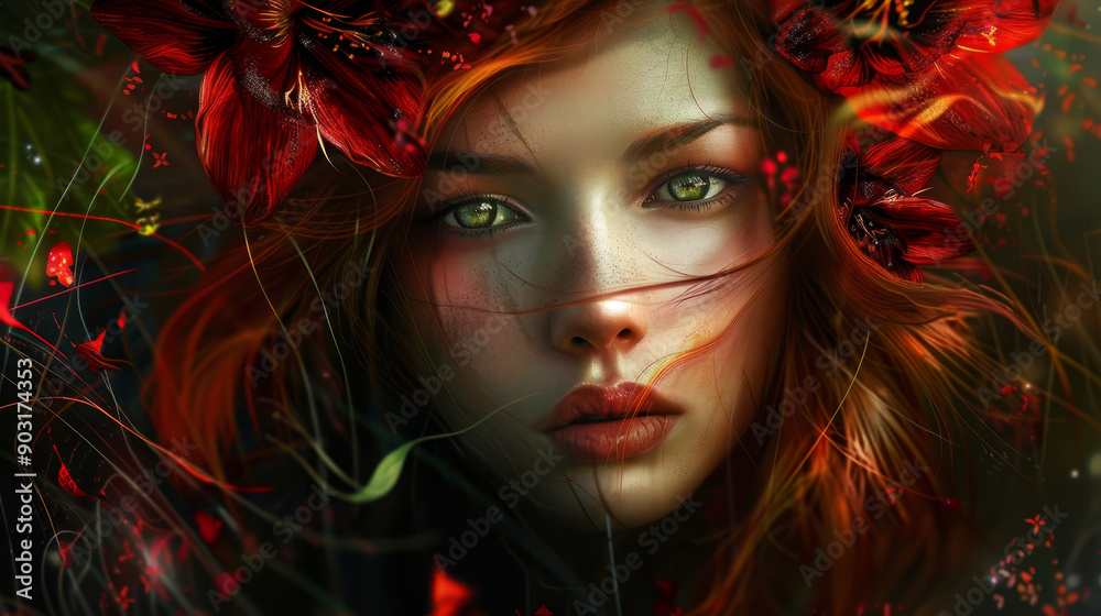 A woman with a green eye and red hair is wearing a flower crown A woman with a green eye and red hair is wearing a flower crown
