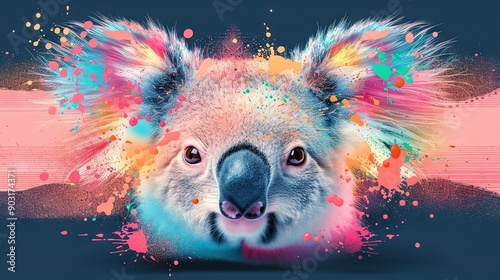   Koala with colorful paint splatters on its face and a pink background © Sonya