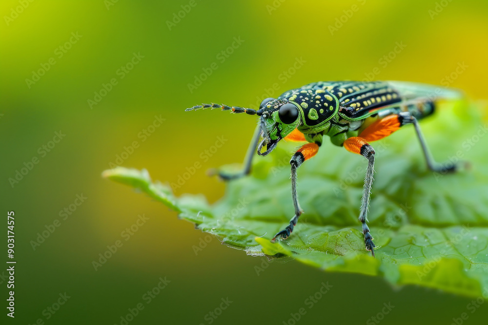 Naklejka premium A green and orange bug is on a leaf