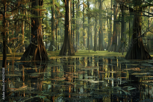 A forest with a lot of trees and water