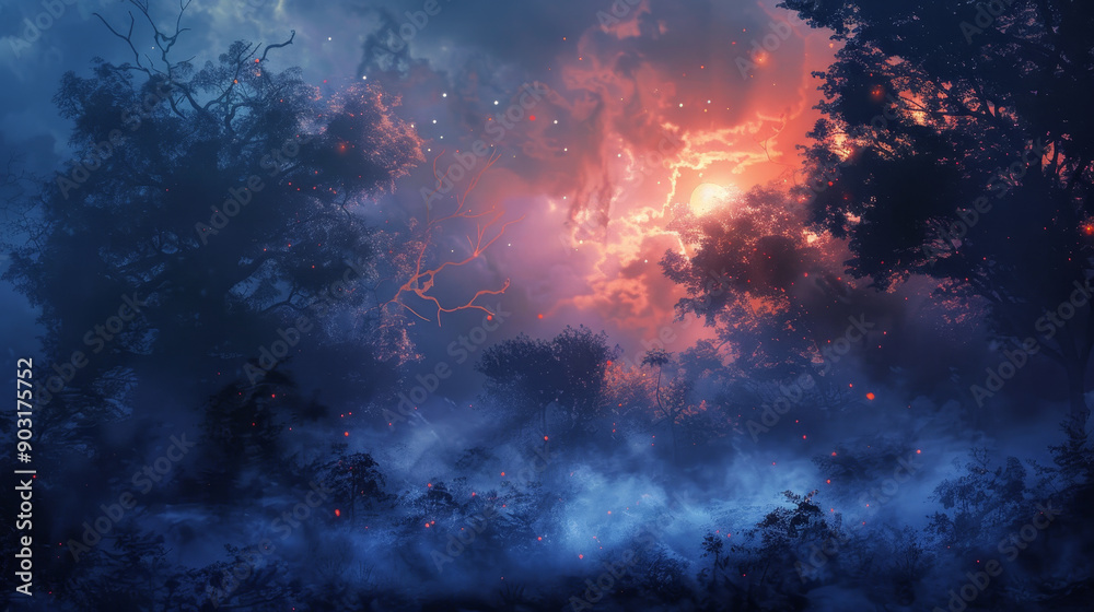 Naklejka premium A forest with a storm in the background