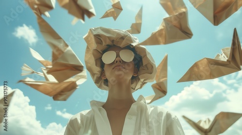 Person in large paper hat surrounded by flying paper planes, conceptual art photo