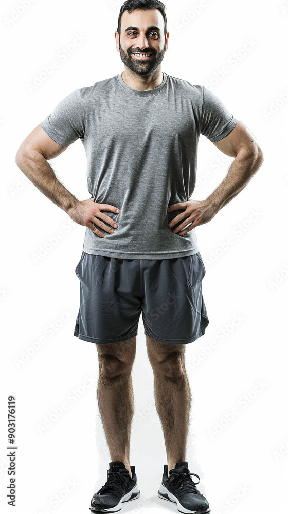 A man a showing his gym transformation, A full length picture on isolated background - Generative AI. A man a showing his gym transformation, A full length picture on isolated background - Generative AI.