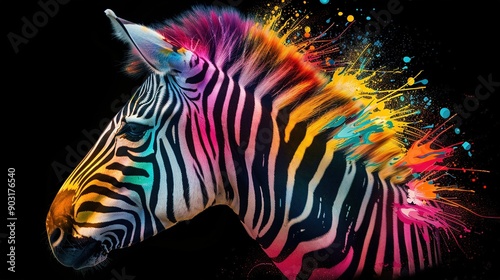  Zebra head portrait in focus, colorful paint splatters on black background