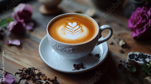 Include elements of tea art, such as tea leaf reading, intricate tea pours, or latte art with tea lattes, adding a creative and artistic dimension to the image photo