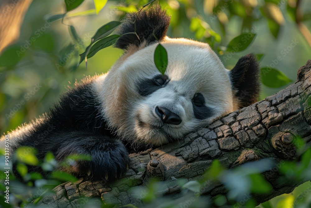 Obraz premium Giant Panda Sleeping on a Tree Branch in Natural Forest - High Resolution Nature Photograph