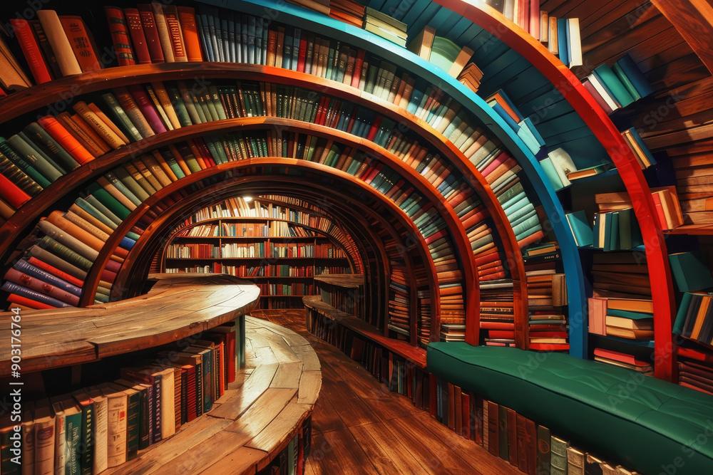 Obraz premium A library with a spiral bookshelf and a green bench