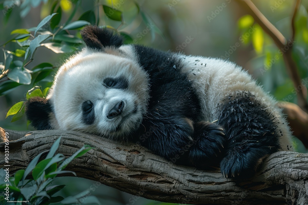 Obraz premium Giant Panda Sleeping on a Tree Branch in Natural Forest Background - High Resolution Photograph Capturing Tranquil Scene