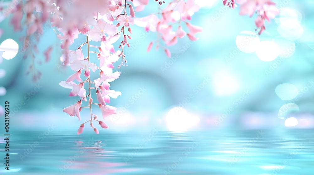 Pink flowers dangle from the tree above the calm water, framed by a soft golden light Pink flowers dangle from the tree above the calm water, framed by a soft golden light
