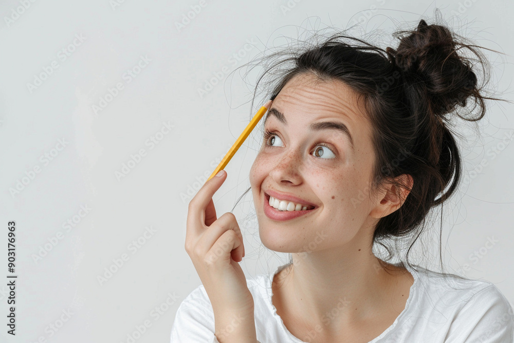 a young attractive 30 year old woman looking to the side with her eyes, excited, wearing a white shirt, white background, while holding a pencil against her cheek - Generative AI. a young attractive 30 year old woman looking to the side with her eyes, excited, wearing a white shirt, white background, while holding a pencil against her cheek - Generative AI.