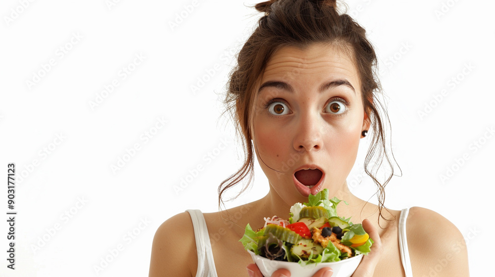 A woman who is hesitant to try new food. on an isolated white background, object focused, png, stock image, hd quality - Generative AI. A woman who is hesitant to try new food. on an isolated white background, object focused, png, stock image, hd quality - Generative AI.