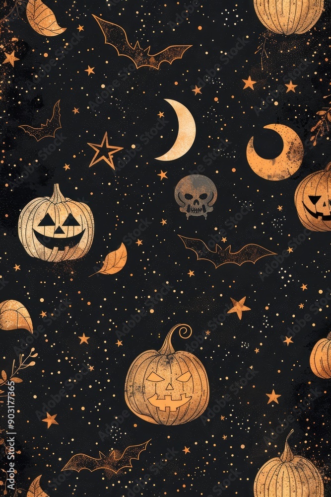 Halloween Jack O'Lantern, Bat, Moon, and Star Seamless Pattern Halloween Jack O'Lantern, Bat, Moon, and Star Seamless Pattern