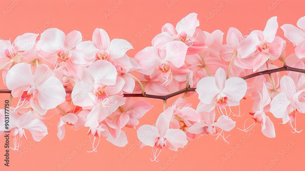 A close-up of a flowering branch against a pink background, with both walls in shades of pink A close-up of a flowering branch against a pink background, with both walls in shades of pink